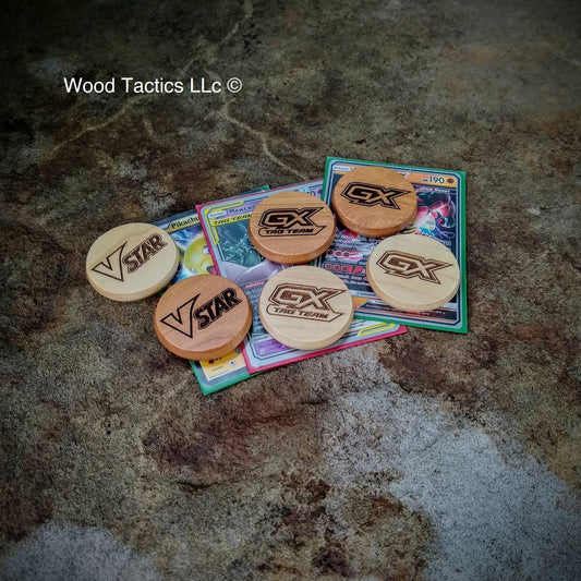 Pokémon TCG VStar, GX and GX Tag Team ability Tokens, made from Maple and Cherry Hardwood. One sided to show used and ready.