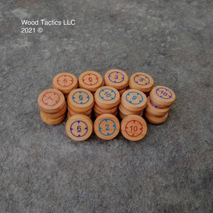 Numbered Target Lock Tokens for Board, Miniature and War Games. Made from Cherry Hardwood, 20mm in Size and Double Sided.