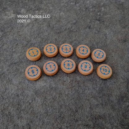 Numbered Target Lock Tokens for Board, Miniature and War Games. Made from Cherry Hardwood, 20mm in Size and Double Sided.