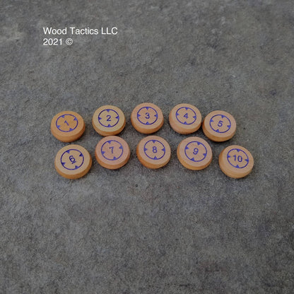 Numbered Target Lock Tokens for Board, Miniature and War Games. Made from Cherry Hardwood, 20mm in Size and Double Sided.