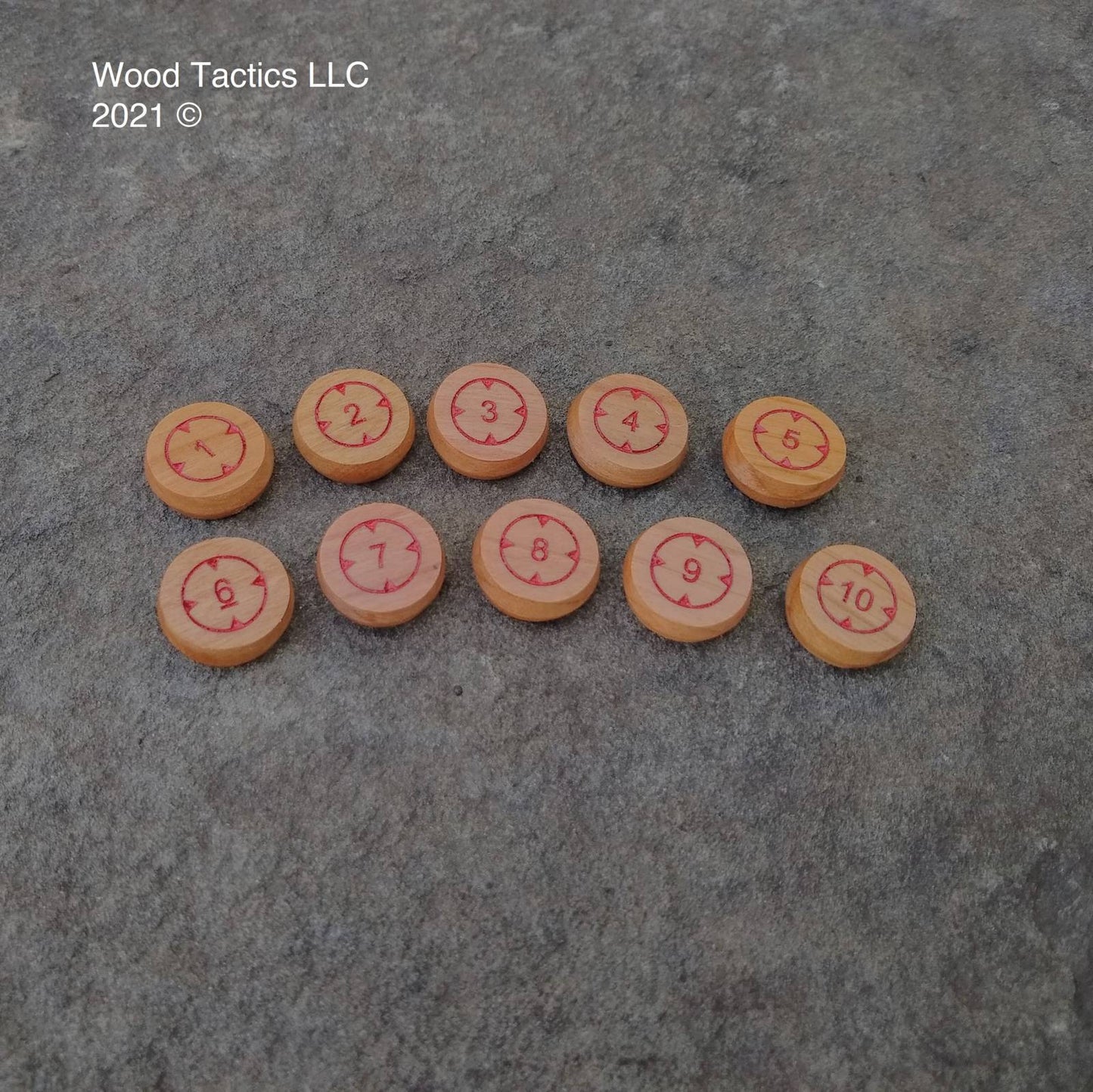 Numbered Target Lock Tokens for Board, Miniature and War Games. Made from Cherry Hardwood, 20mm in Size and Double Sided.