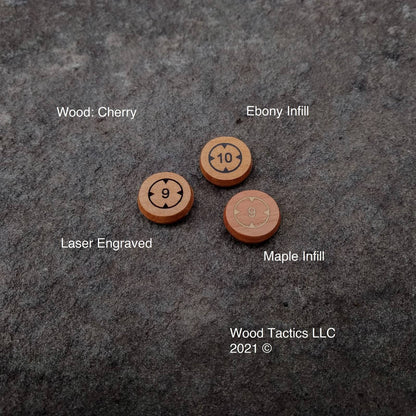 Numbered Target Lock Tokens for Board, Miniature and War Games. Made from Cherry Hardwood, 20mm in Size and Double Sided.