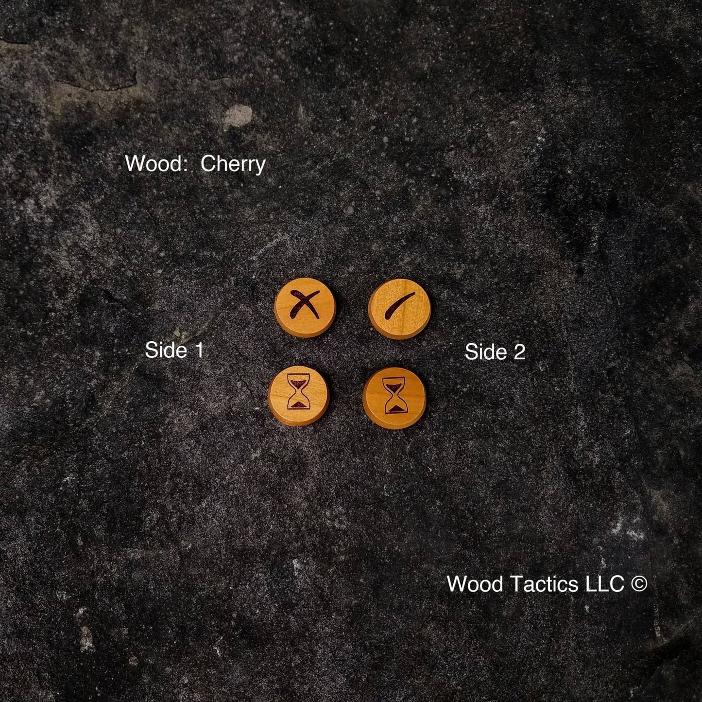 Warcry Miniatures Game Action Tokens made from Cherry Hardwood. Covering Wait, Reaction and Action completed status