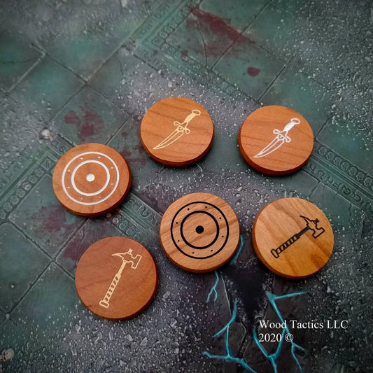 Warcry Miniatures Game Battle Group Tokens made from Maple and Cherry Hardwood. Dagger, Hammer and Shield designs.