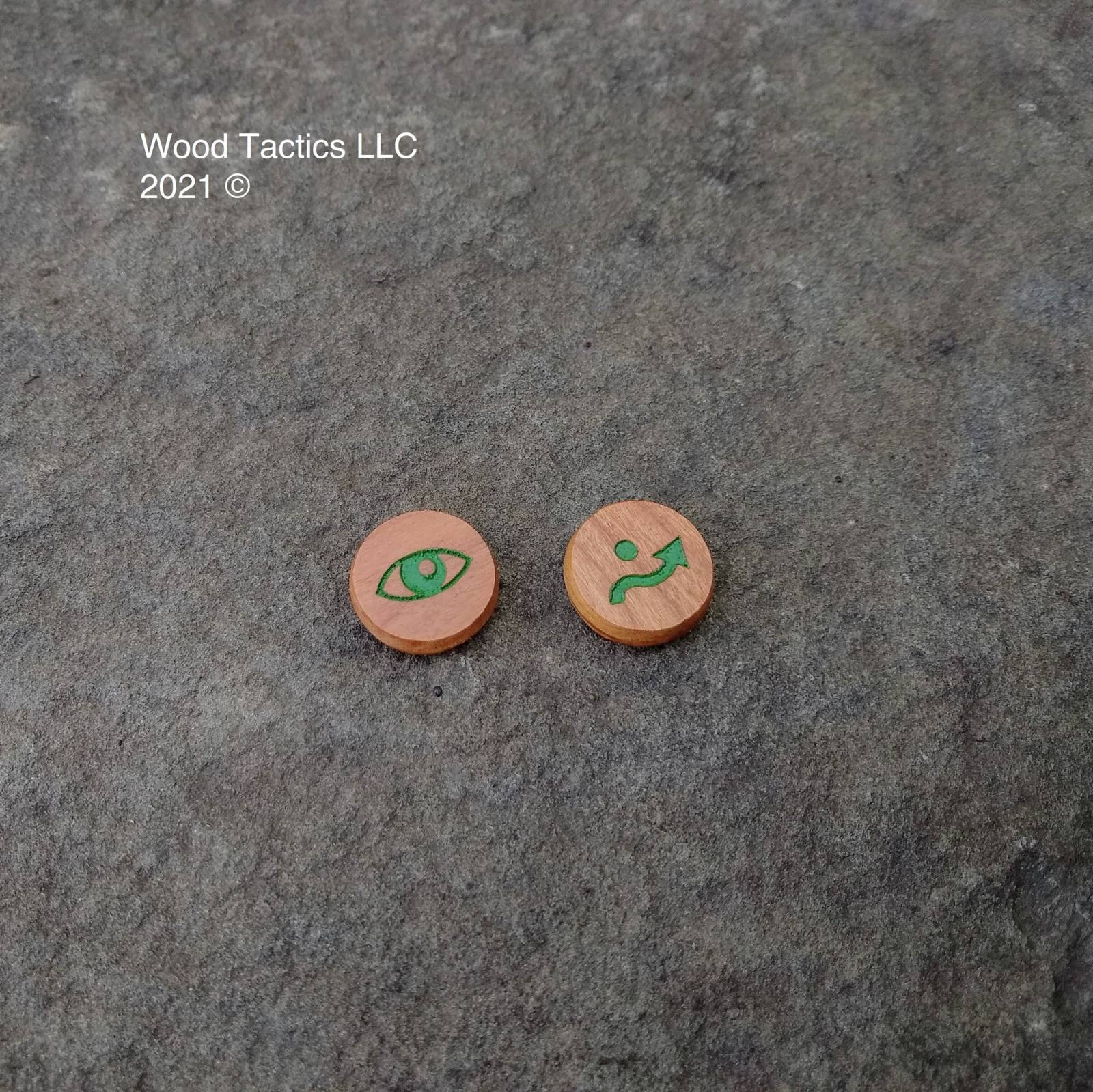 X-Wing Miniatures Game Focus ande Evade Tokens made from Cherry Hardwood. Inked in green.