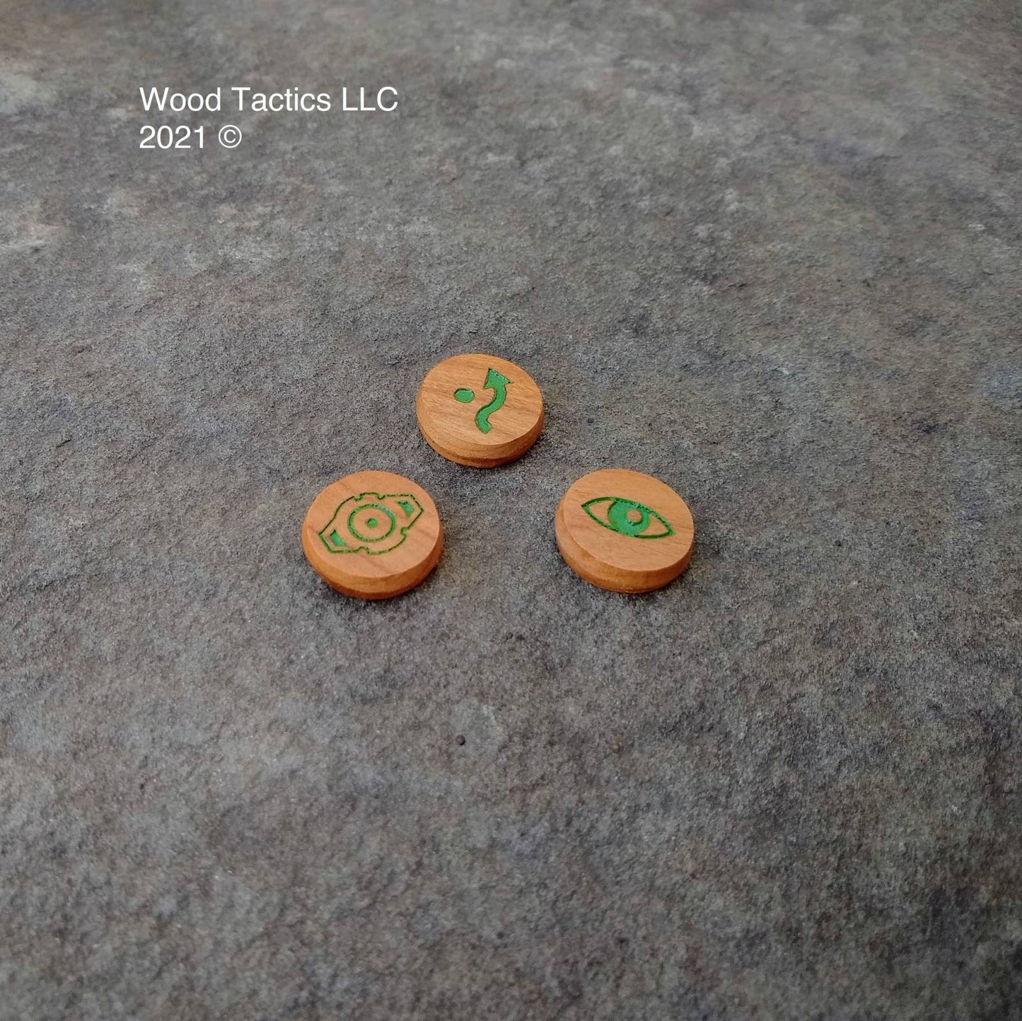 X-Wing Miniatures Game Focus Evade and Calculate Tokens made from Cherry Hardwood. Inked in green.