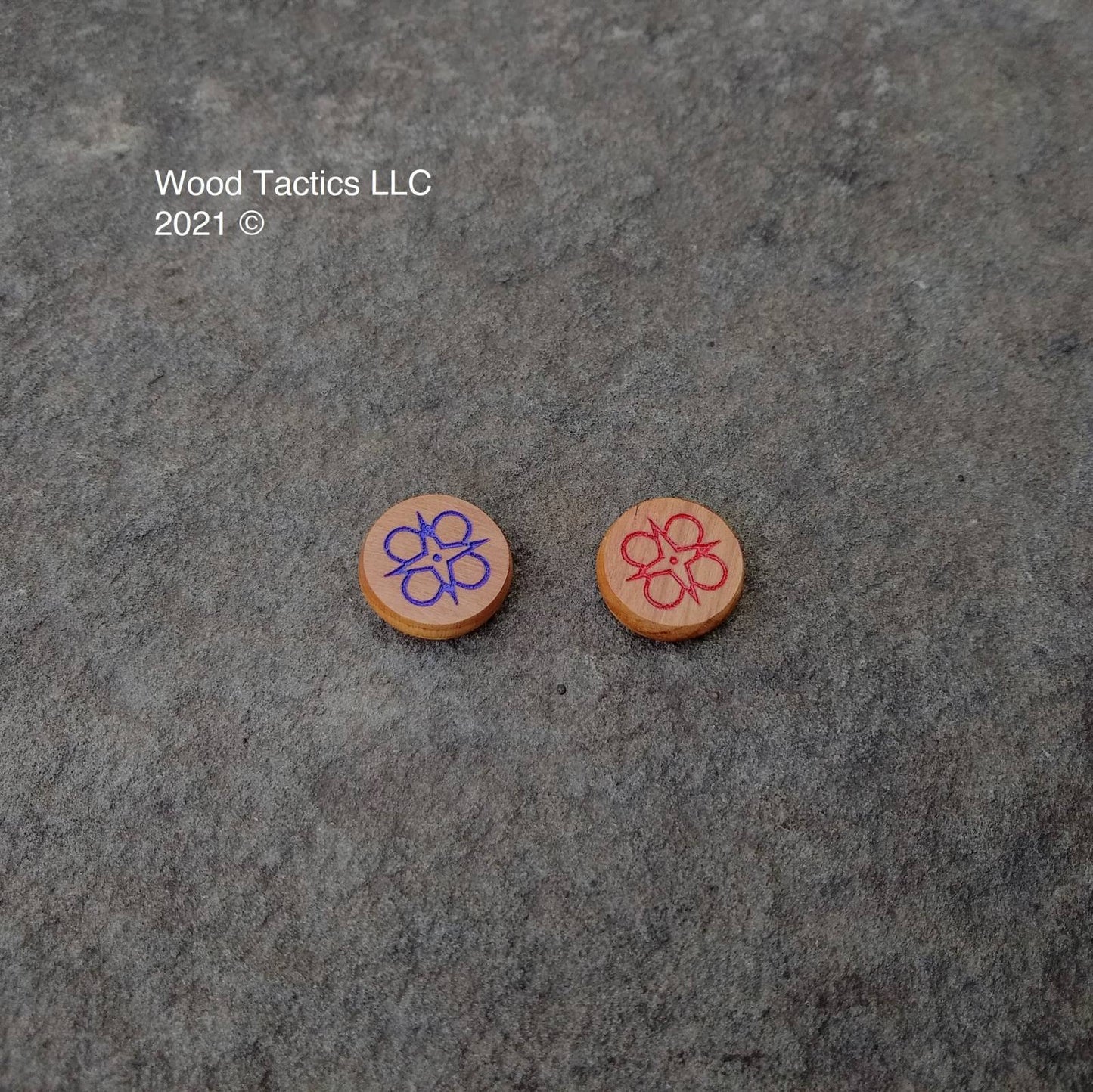 Star Wars X-Wing Miniatures Game Force Tokens made from Cherry Hardwood. Inked in purple and red.